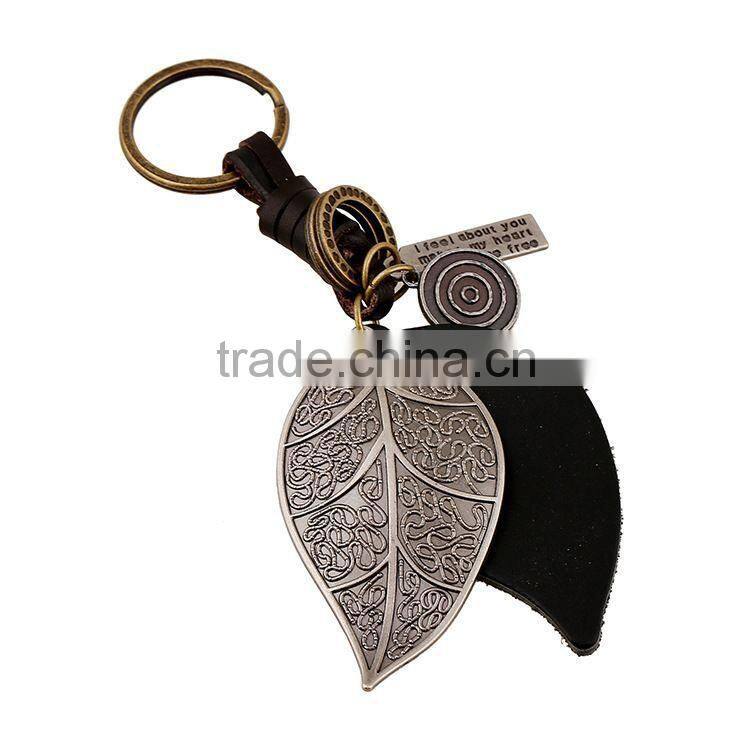 Fashion Cool Rock Leather Key Chain Keychains Big O-ring Metal Leaf Genuine Leather Keychains