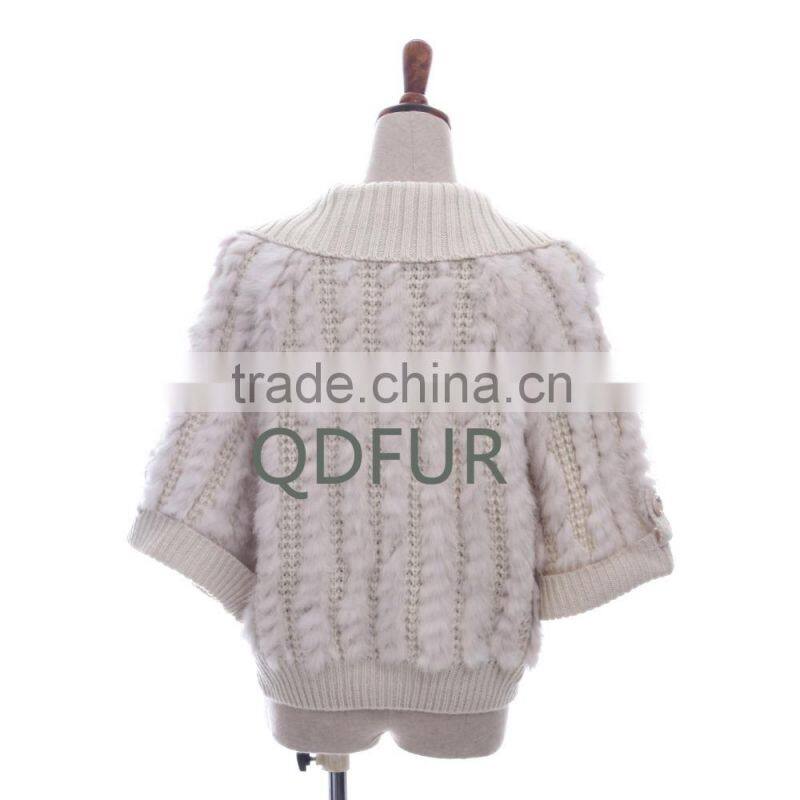 QD81004 2016 New Design Women Knitted Rabbit Fur Batwing Sleeves Vest with 4 Bottons Front Fly