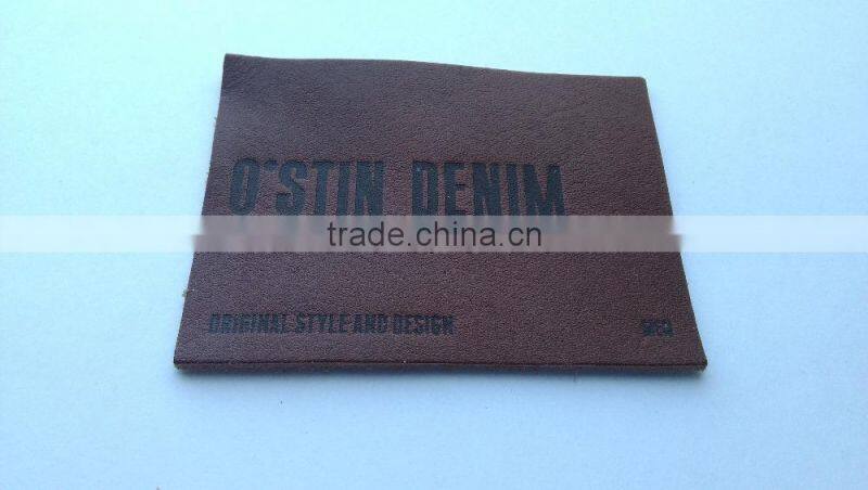 Custom real leather rectangle brown embossed slim patch for jeans