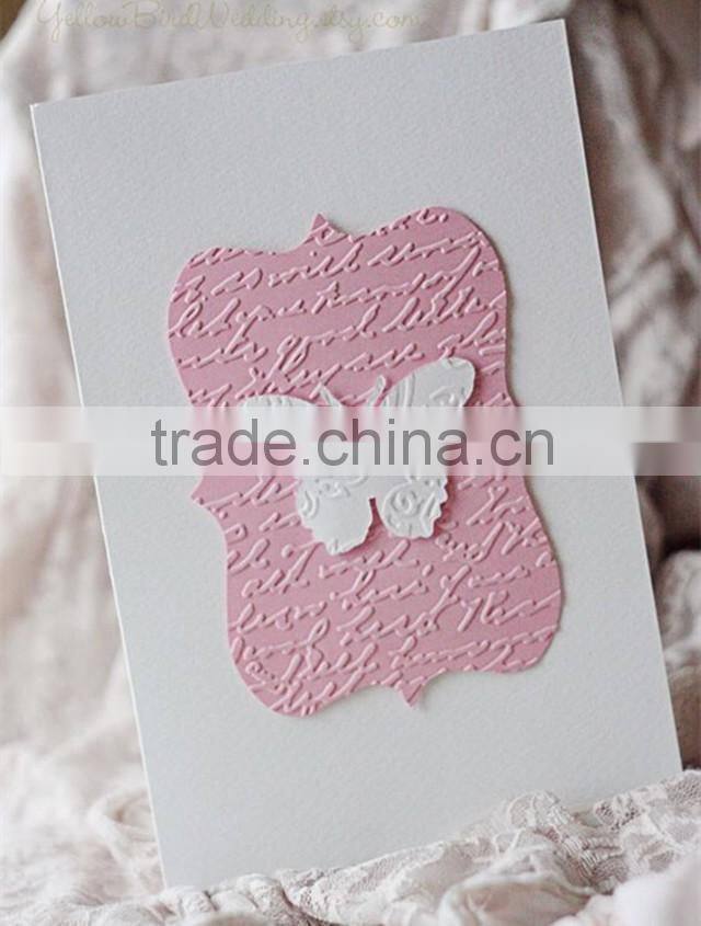 New arrival romantic white & pink embossed butterfly wedding invitations