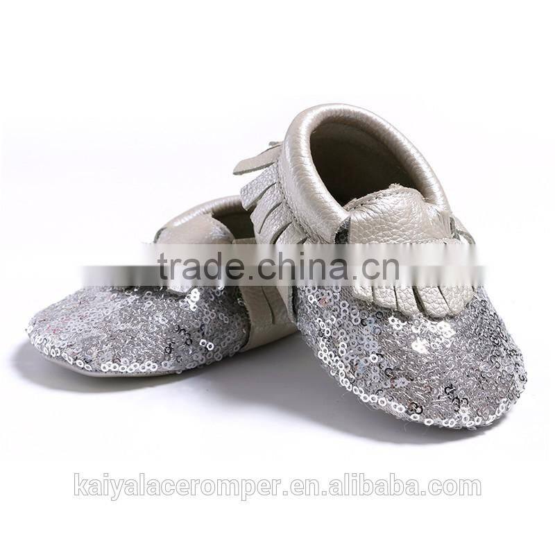 Silver Sequin Charcoal Fringe Baby Leather Moccasins,Toddler Leather Baby Shoes