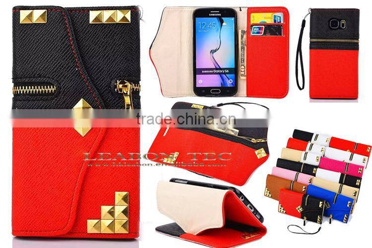 Leather Wallet Book Case Cover for Samsung Galaxy S6 Edge with zipper