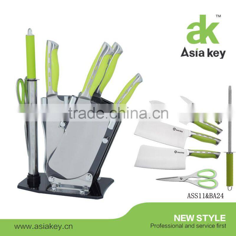 6Pcs Stainless Steel Kitchen Knife Set, Wooden Block Sharpener