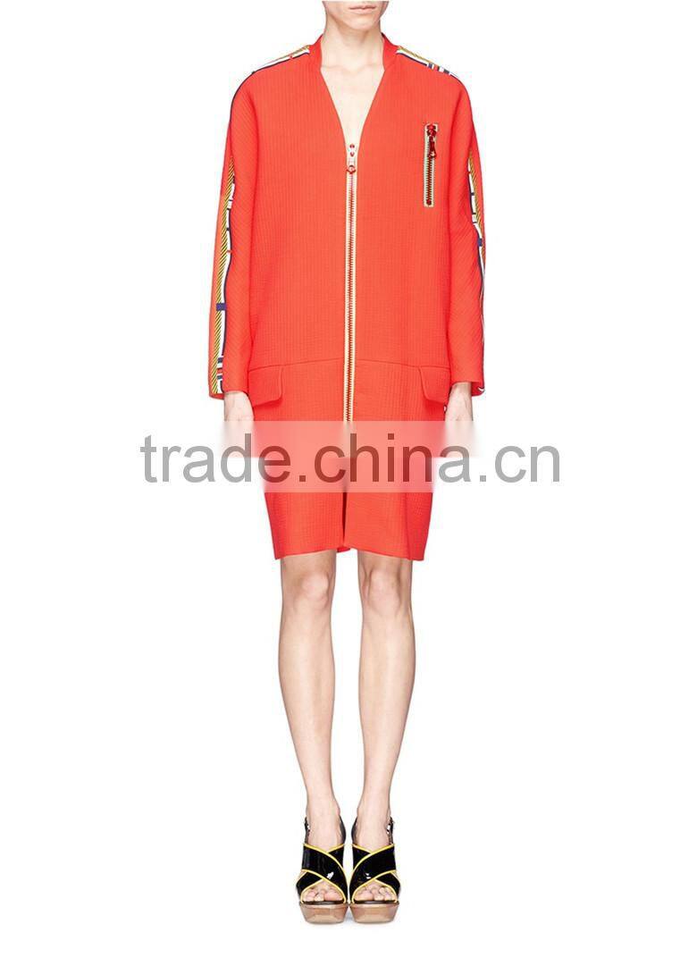 2015 Garment Factory Orange Stripe Zip Ladies Coat, Women Long Sleeve Jacket