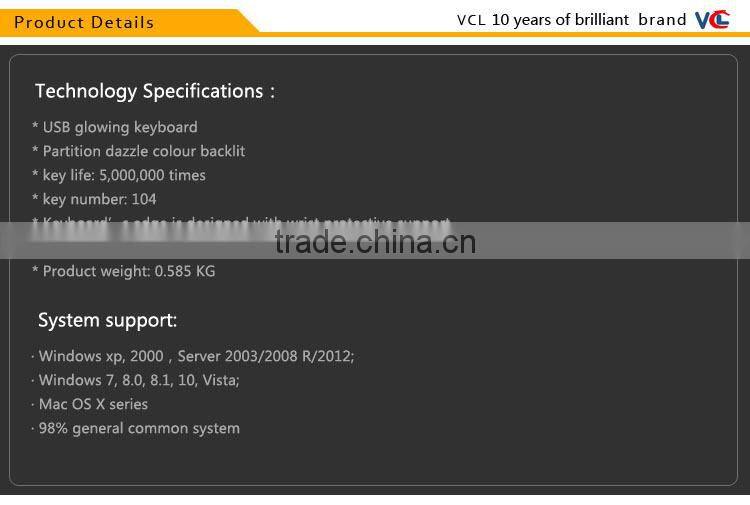 Three colors backlit usb wired partition flash office/net bar keyboard