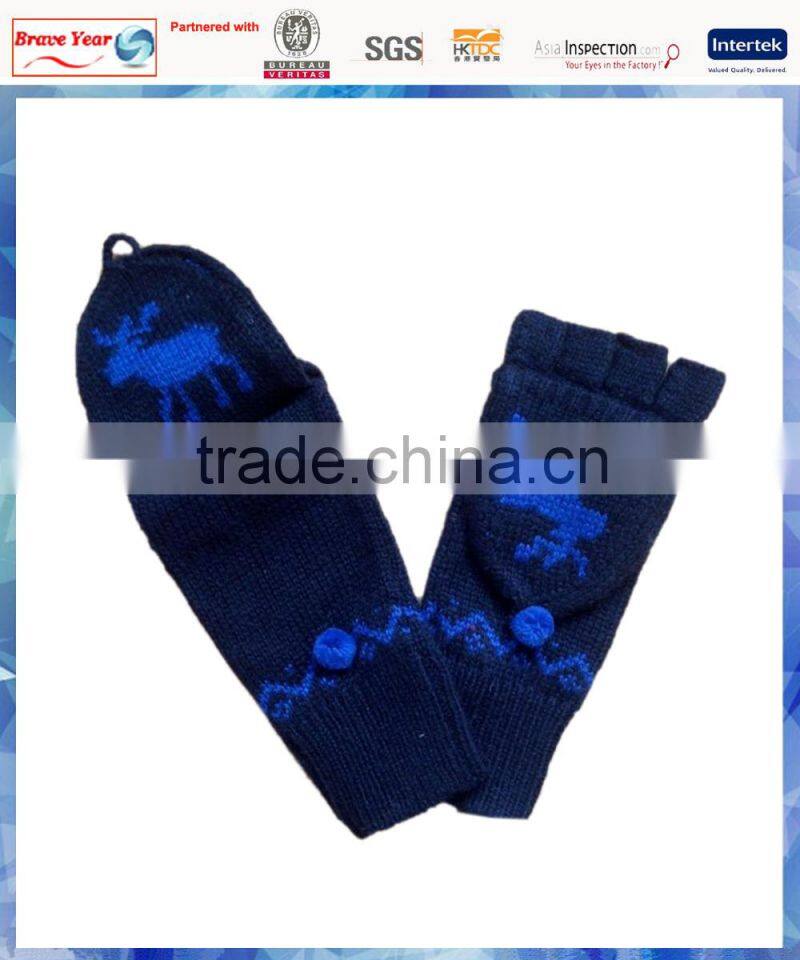blue and navy half finger knitted acrylic gloves with cover