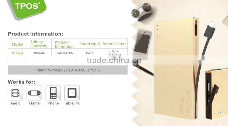 X-M50 Quick charge Ultra slim Bulit in cables 5000mAh power bank mobile charger with Li-Polymer cell for Samsung