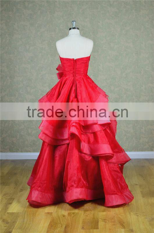 Western style strapless A-line ruched layered red wedding dresses with organza