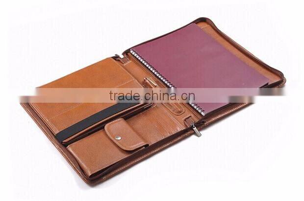 Custom Multifunctional Design Leather Zipper Portfolio with Handle