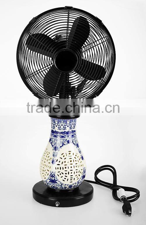 16" Decorative Unique Pedestal Fan with Orient Porcelain Vase LED Light Inside