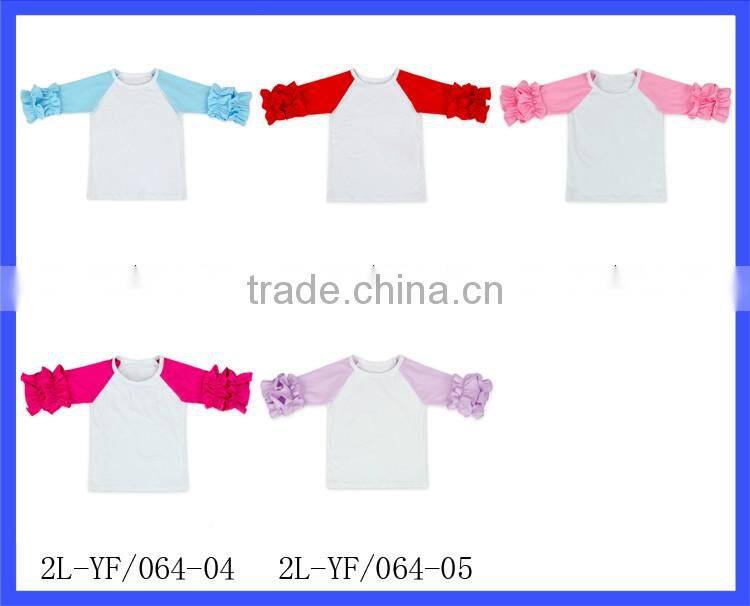 Pink White Knit Cotton 3/4 sleeves Ruffle Raglan Shirts