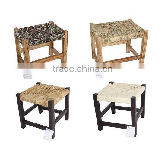 Vintage Folk Art Black Finish Ottoman With Rush Seat