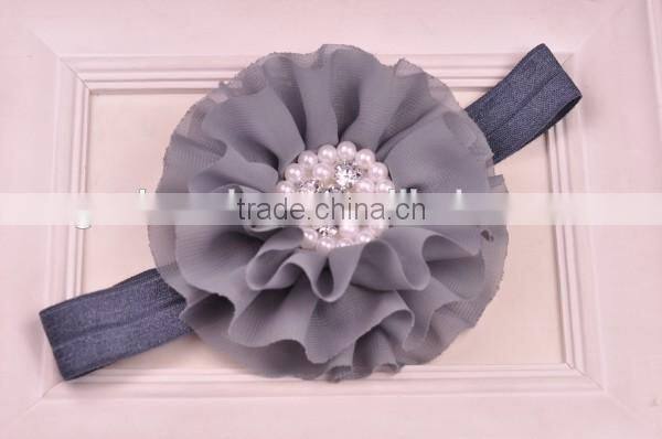 chiffon flower headband with pearl beads center for kids hair accessories