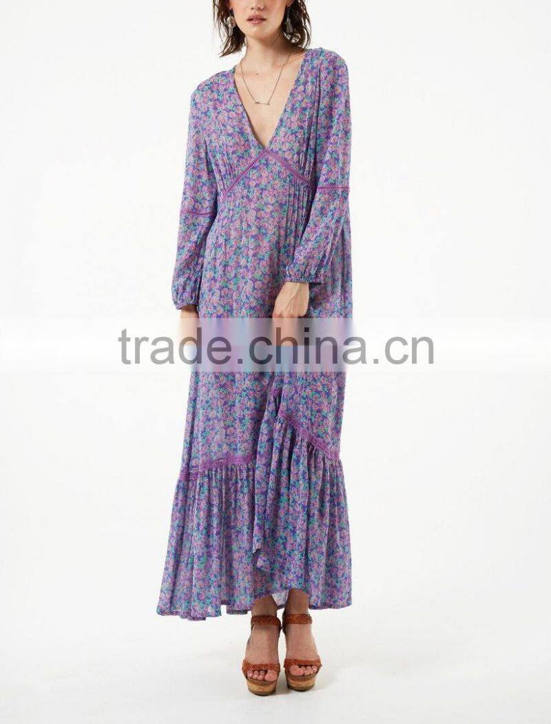 New Style Long Sleeve Chiffon Flirty V Neck Frock Design Maxi Dress Sexy Necked Women Picture HSd5175