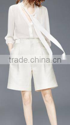 2016 New Summer Latest European Fashion 2 Pieces Casual Set Silk Women Shirt Short Loose Pants