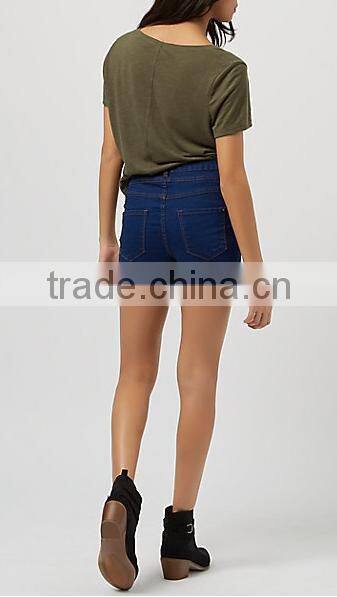 3 Buttons Blue Denim High Waisted Turn Up Shorts