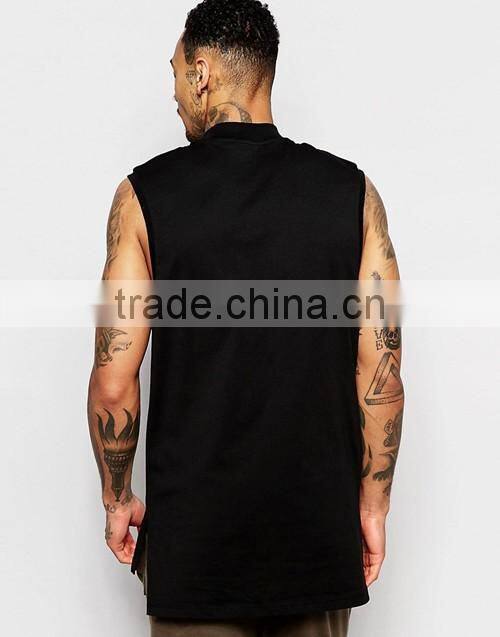 OEM customize men summer longline sleeveless turtle neck black plain t-shirt
