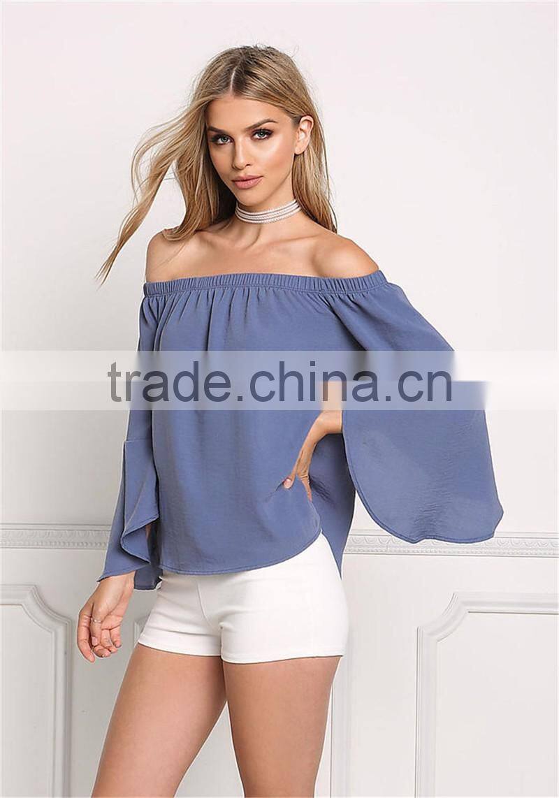 MGOO New Custom Designs Plain Blue Blouses Off Shoulder Long Sleeves Flare Opening Fashion Viscose blouses