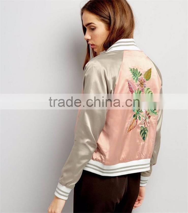 Women Custom Floral Embroidered Satin Bomber Jacket Baseball Jacket With Private Label