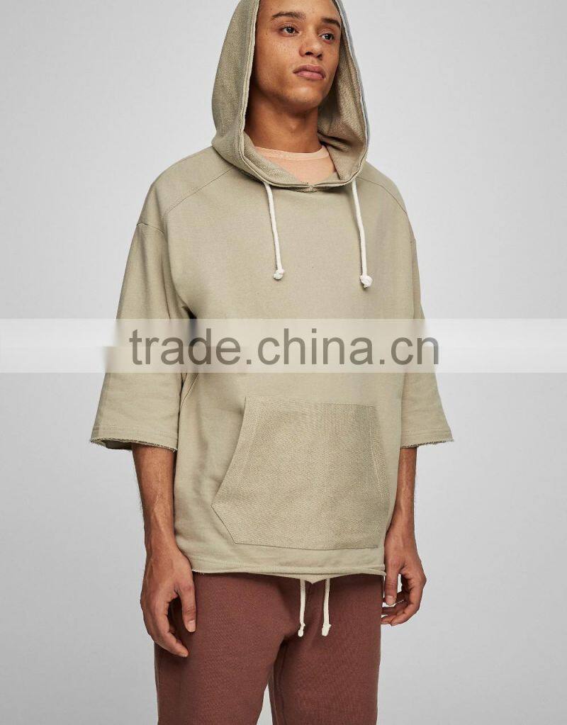 100% Cotton 3/4 Cropped Sleeves Men Blank Pullover Hoodie With Pocket