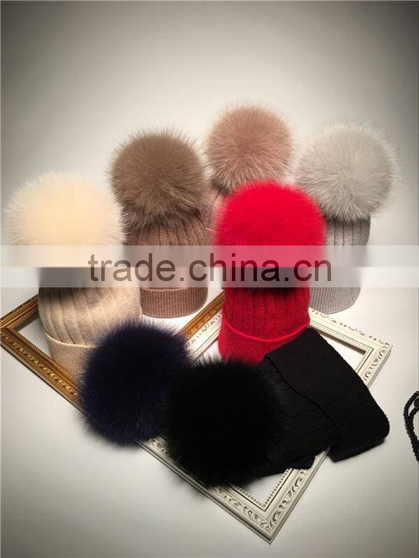 Parent-child Girl Women Genuine Dyeing Raccoon Fur Pompom Winter Hat Beanie Thick Knitted Cap With fox Pom Ball Lady Children