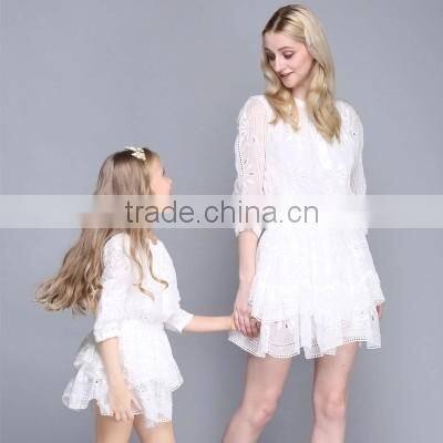 New style Fall Boutique Girl Clothing Embroidery Layered Dresses Matching Clothes Mother And Daughter