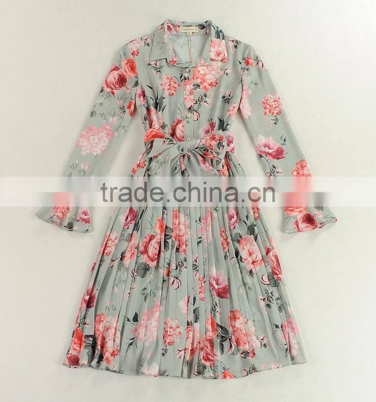 Ladies full printing bouffant lotus long sleeve temperament dress with belt