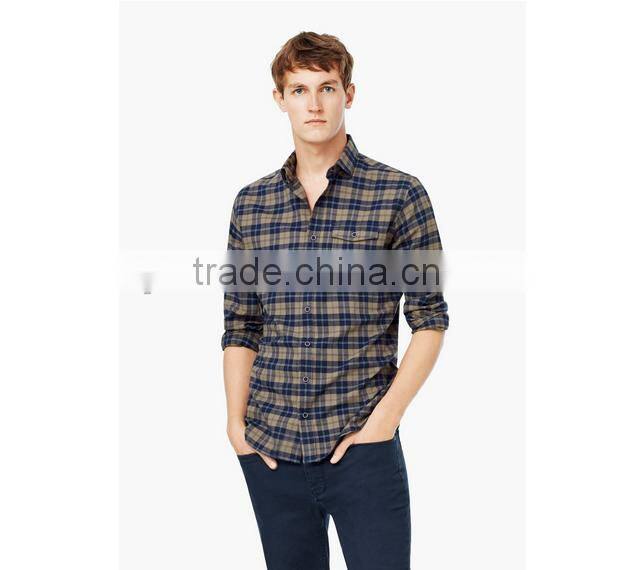 Classic collar cotton slim fit check flannel shirt for young man