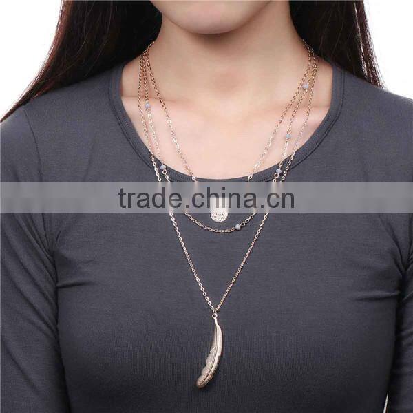 New Fashion Multilayer Layered Necklace Gold Plated With Feather Round Pendants French Gray Acrylic Beads 47.0cm long