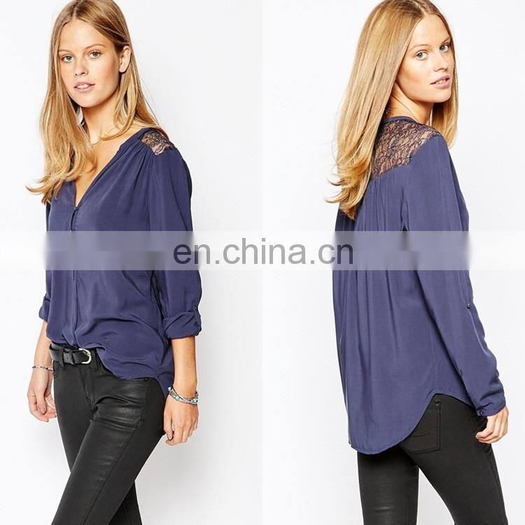 Latest fashion design model simple Lace Insert Blouse