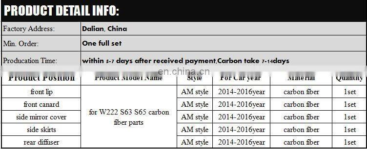 S63 S65 carbon fiber parts fit for S-class W222 S63/ S65 OE carbon fiber front lip canard side skirts mirror cover diffuser