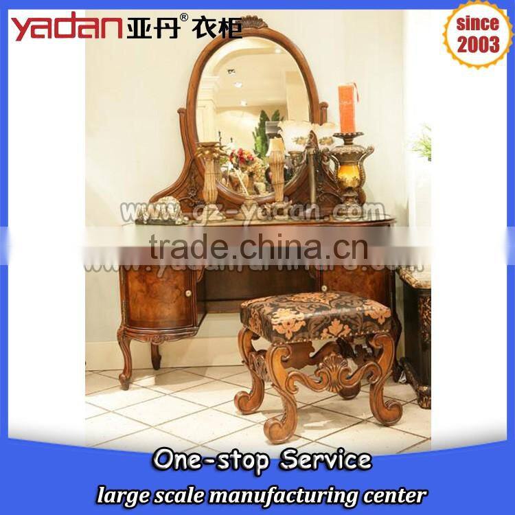 Antique wooden dressing table designs for bedroom with mirror and stool