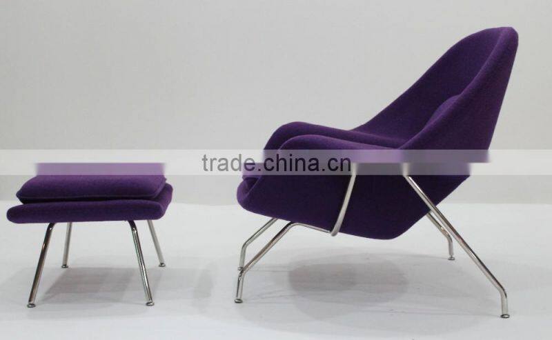 replica relaxing fiberglass materail stainless steel frame wool fabric womb chair with ottoman by Eero Saarinen