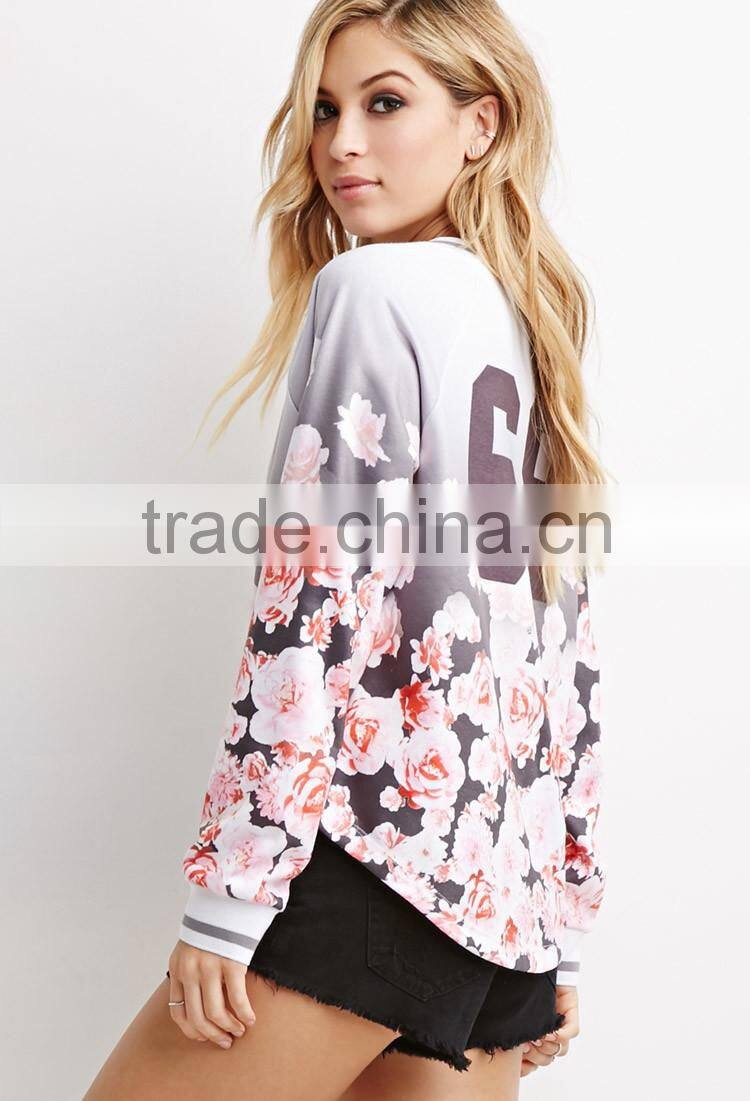 Women Ombre Floral Print Athletic Pullover with Curved Hemline