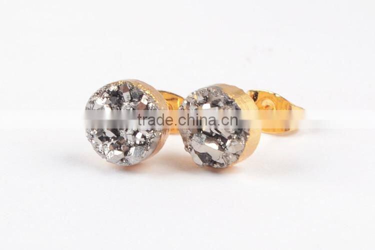 2016 Round Fashion earrings High Quality Titanium Silver Druzy Stone Stud Earrings