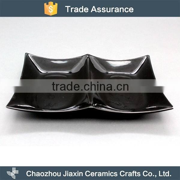 High quality restaurant black double square ceramic snack serving dish