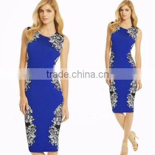 Woman Sleeveless Floral Printed Blue&White Bodycon Square Neck Line Dress A line Cocktail Dress