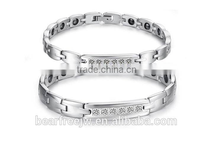 Popular Jewelry Stainless Steel Titanium Health Magnetic Energetic Couples Bracelet With Cubic Zirconia Setting