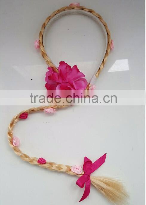 Frozen Princess Long Wig Braid Plastic Hairband With Flowers