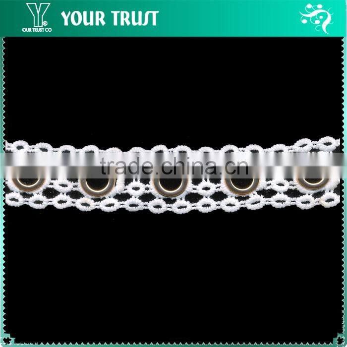 Two Row White Polyester Lace Rhodium Flat 10MM Metal Grommet Eyelet Trimming