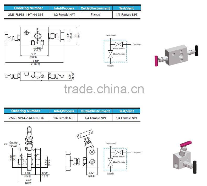 stainless steel instrument manifolds water/gas/oil 2-valve manifolds direct mount manifold