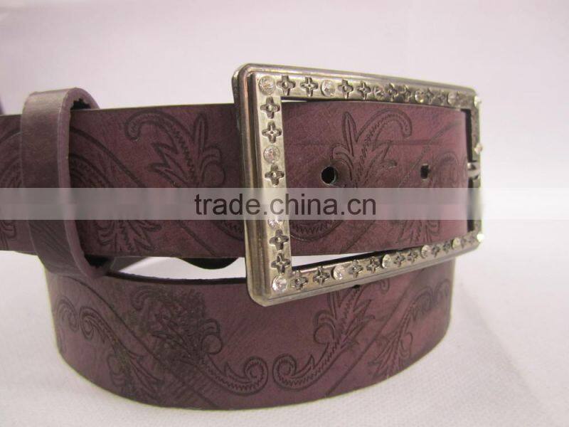 fashion PU flower embossed belt with rihnstone buckle for girls