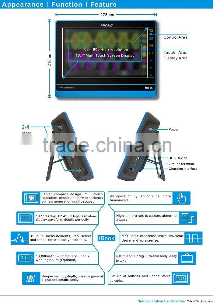 Micsig TO202A portable digital oscilloscopes, 200MHz tablet oscilloscope,2GS/s sampling rate with FFT function
