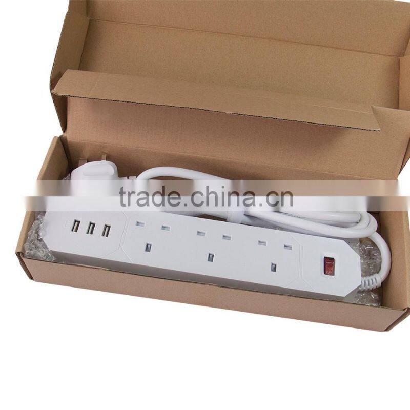 OEM AC Output Rated 13A/250V/3250W UK Plug 3 Pin 3-Outlet Power Strip with 3USB Charging Ports Charger