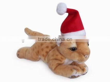 high quality factory wholesale realistic christmas plush cradle brown tiger with christmas cap