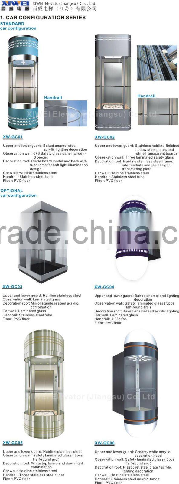 High Quality Famous Brand XIWEI Best-selling 800kg-1000kg , 1.0m/s-1.75m/s Full View and Outdoor Glass Panoramic Elevator