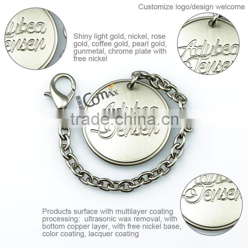 Brush nickel custom solid round metal handbag pendant