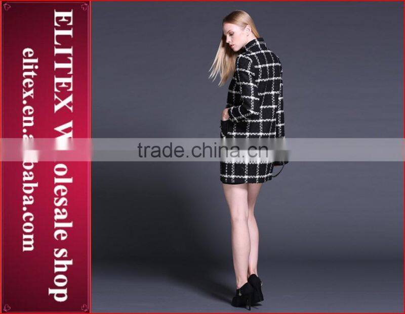 2015 Newest Black Plaid Straight Lady Overcoat Warm Winter Dress With Pocket