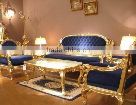 Luxury European wooden living room sofa set in blue color