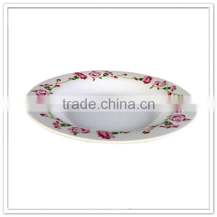 China Manufacturer round deep dinner dishes, rose printing hand made plastic plates